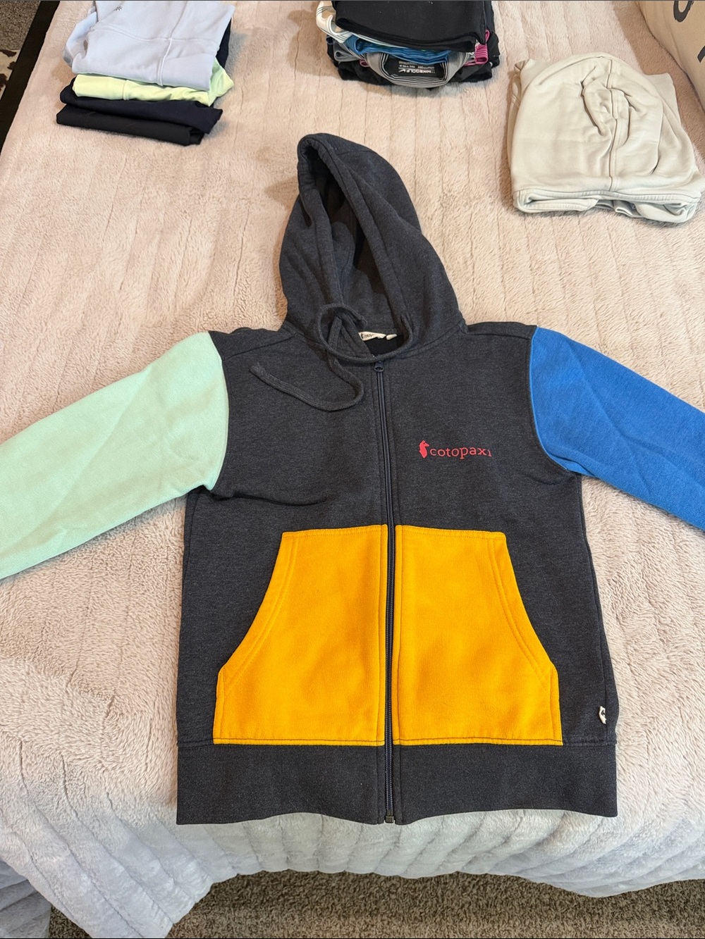 Cotopaxi Womens Colorblock Zip Hoodie - Charcoal with Yellow, Seafoam & Blue XS